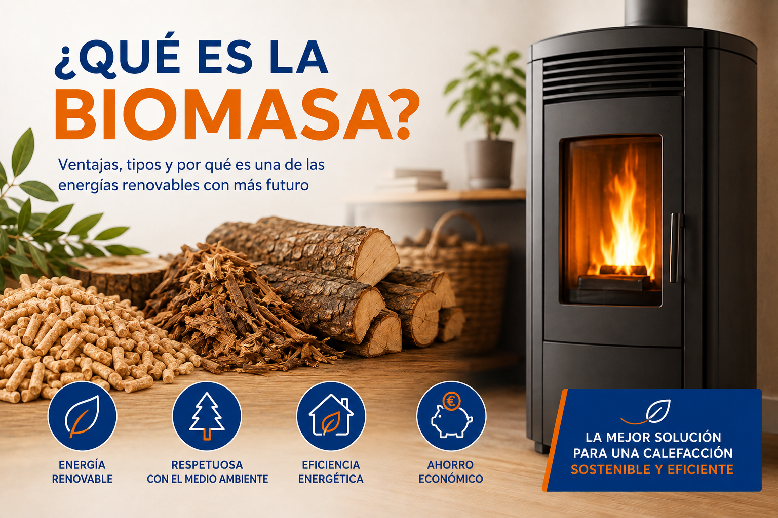 Una estufa de pellet, donde de fondo se ve leña, pellets de madera... etc, y también los beneficios de la biomasa en iconos, donde indica también el título del post de que es la biomasa