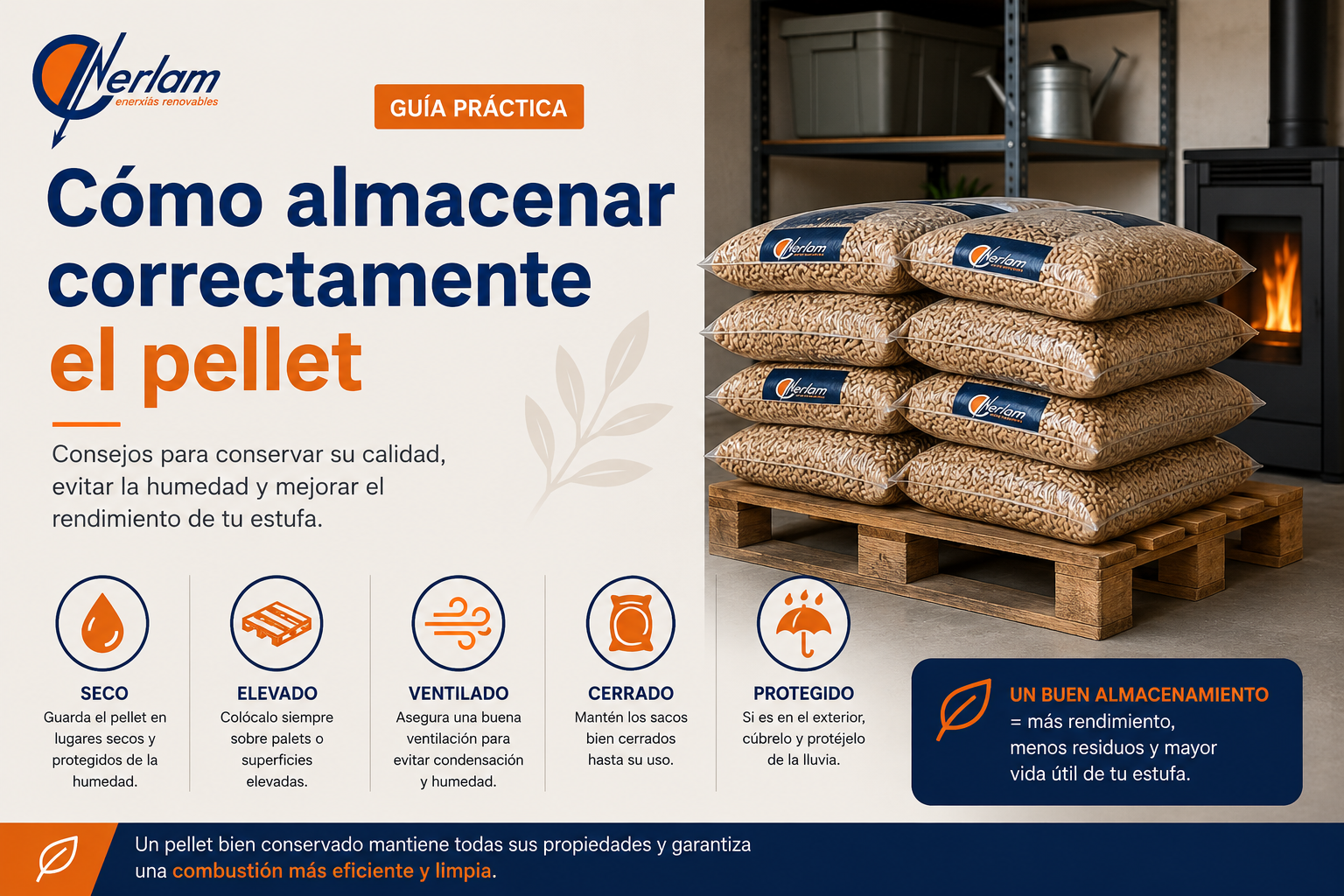 Sacos de pellet almacenados correctamente sobre un palé en un lugar seco y protegido de la humedad