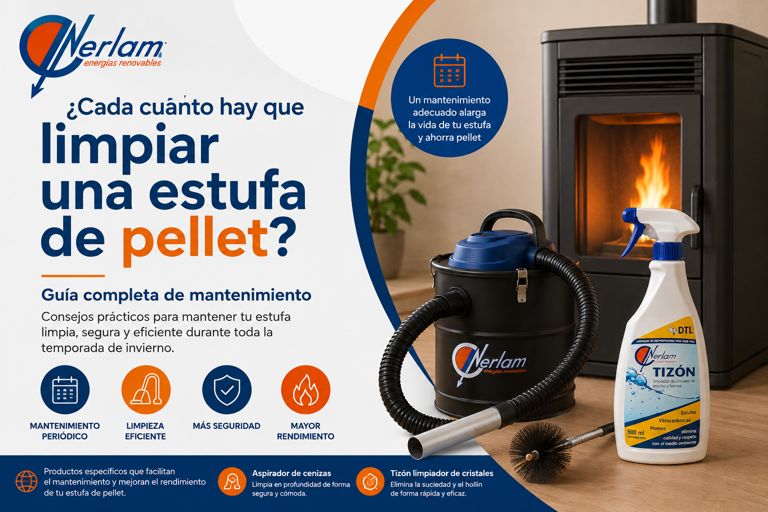 Mantenimiento y limpieza de una estufa de pellet con aspirador de cenizas y limpiador de cristales Tizón